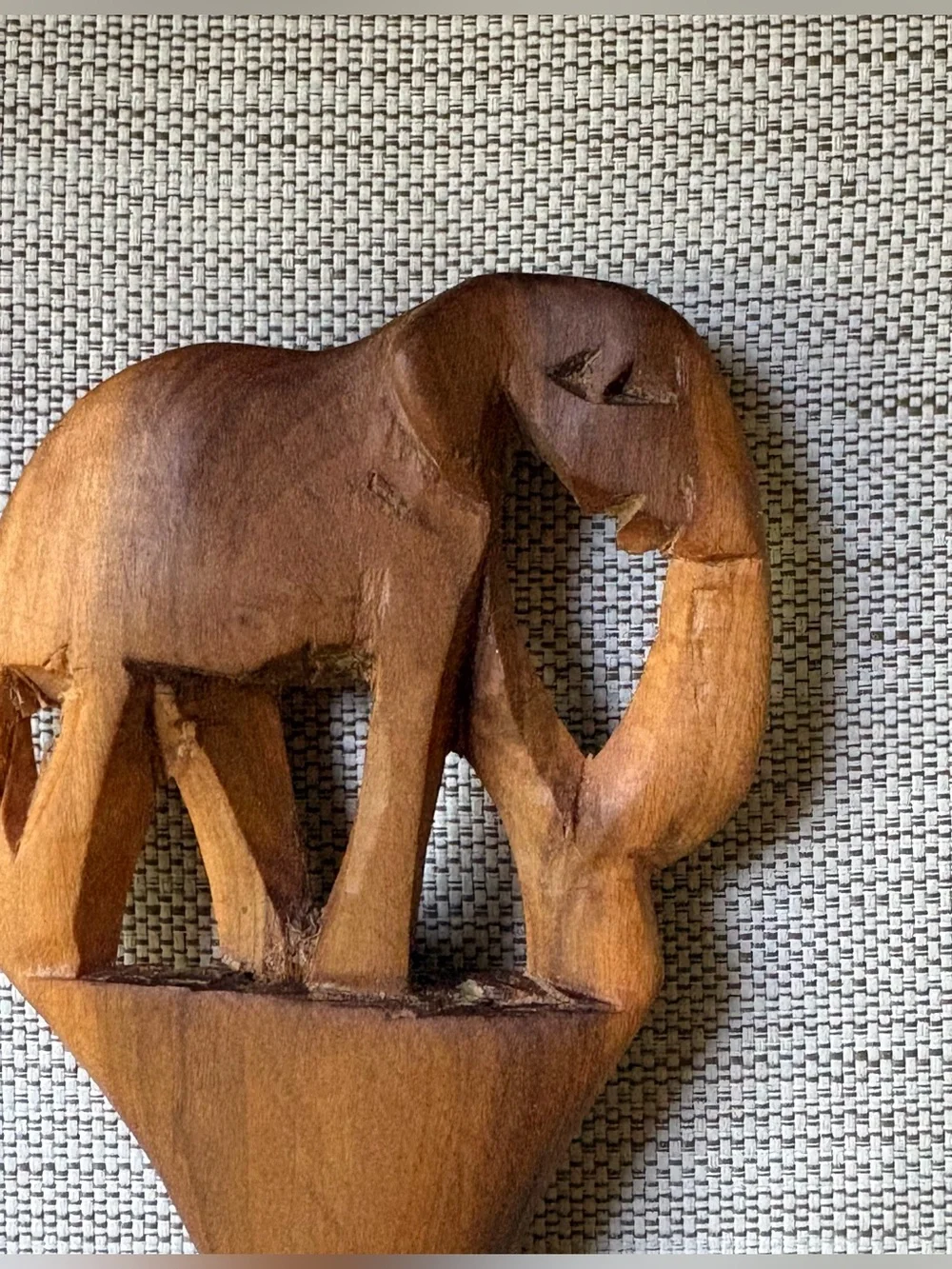 Vtg Hand Carved African Wood Salad Servers Elephant Rhino Safari Spoon Fork Set